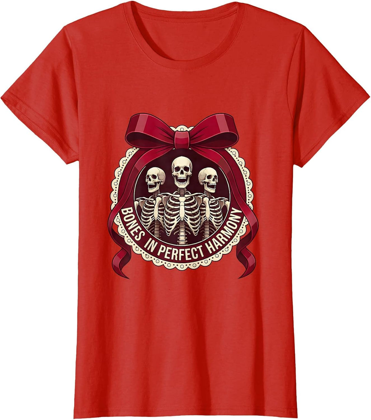 Women's Bones In Perfect Harmony Halloween Skeleton Choir T-Shirt - Red