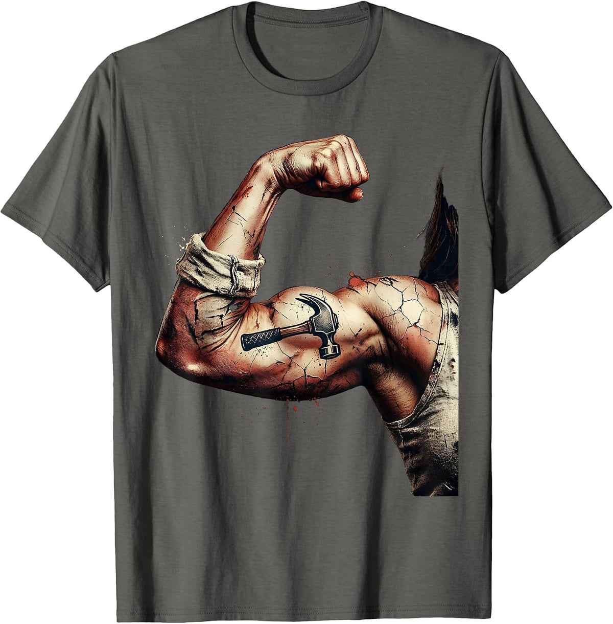 Labor Day Strong Arm Hammer Tattoo Graphic T-Shirt - Asphalt Grey