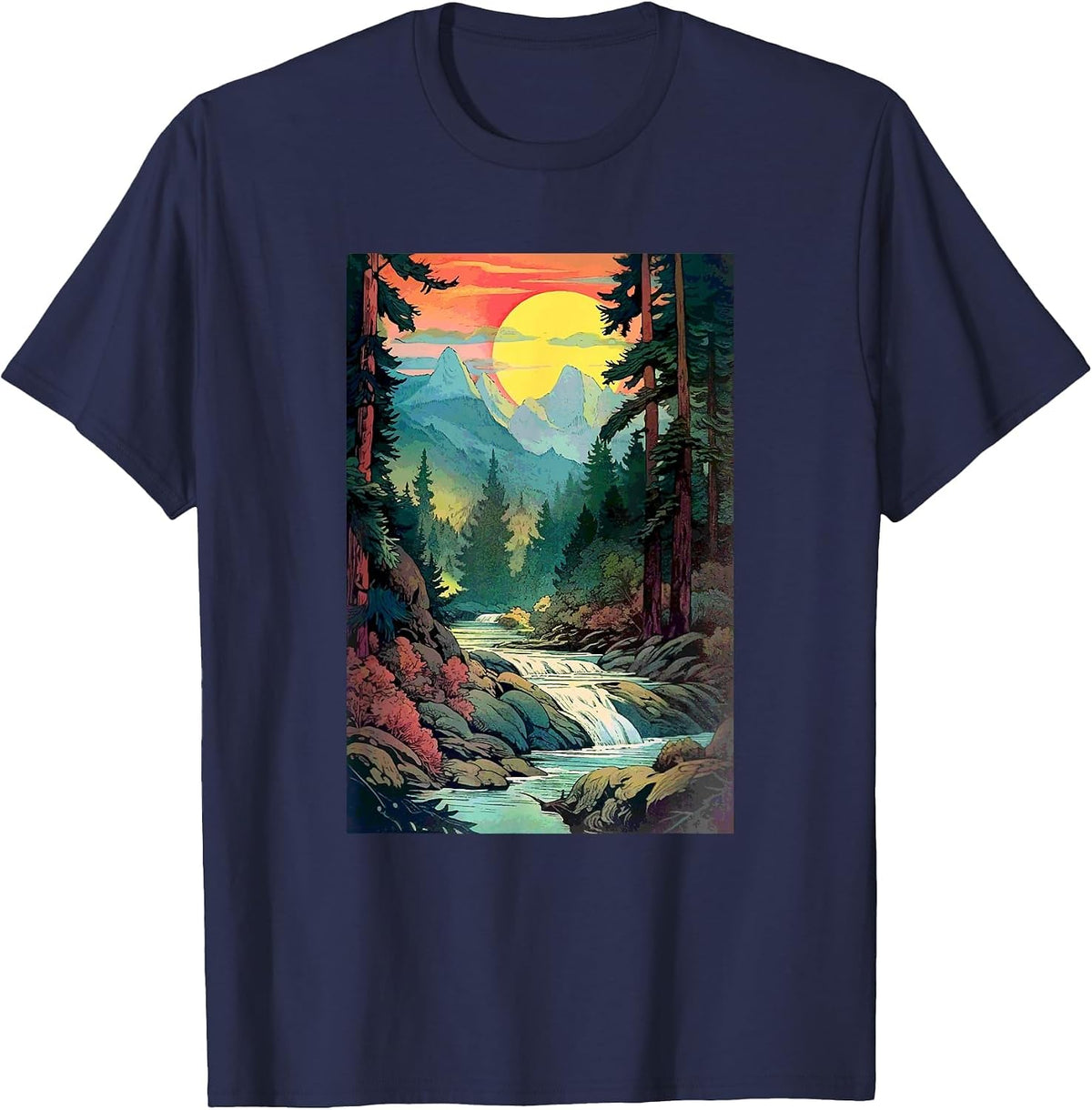 Mountains Trees River Waterfall Woodsy Nature Scene Outdoors T-Shirt - Navy Blue