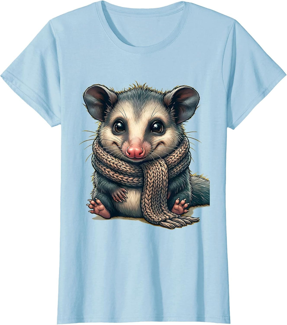 Cozy Opossum Wrapped in Knitted Scarf Graphic T-Shirt - Baby Blue