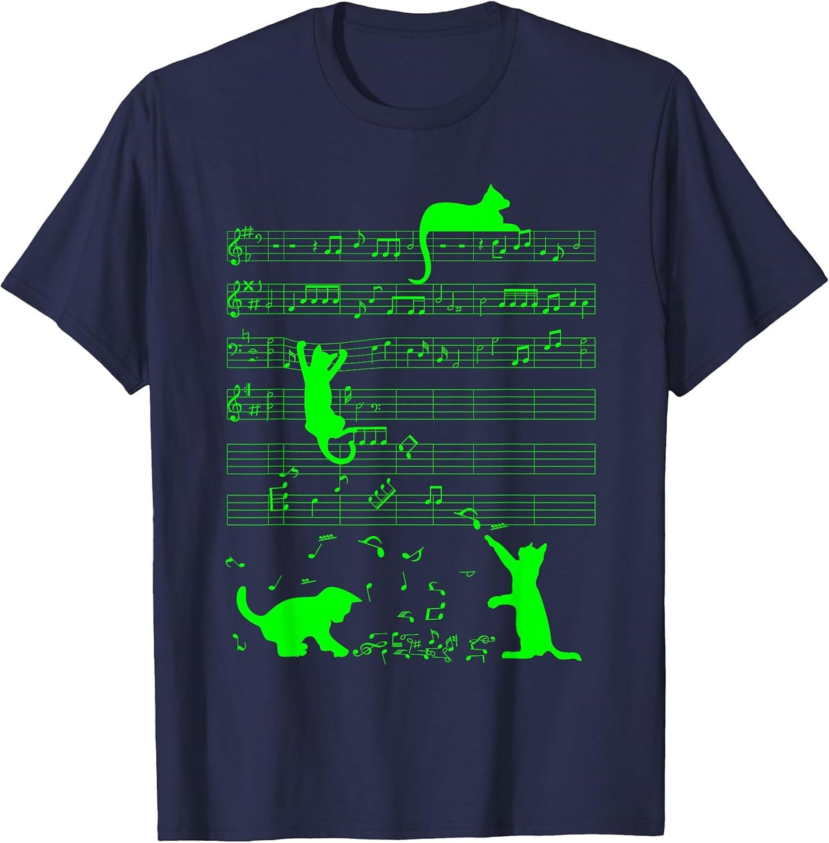 Cute Cats Green Musical Notes Musician Art T-Shirt - Navy Blue