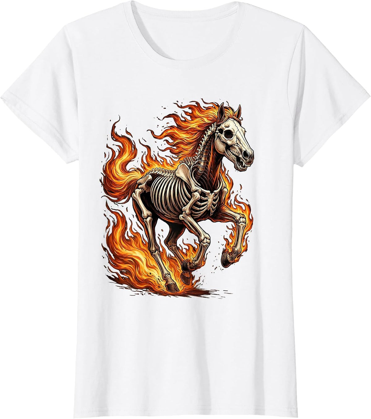 Skeleton Horse Galloping Through Flames T-Shirt - White