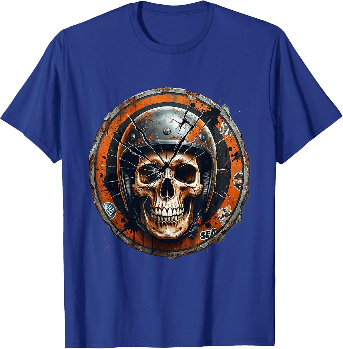 Skull Skater Helmet Cracked Visor Graphic T-Shirt - Royal Blue
