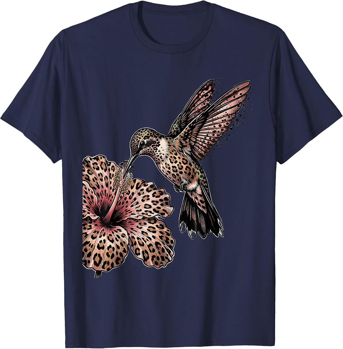 Camo Hummingbird Feeding on Flower Design T-Shirt - Navy Blue