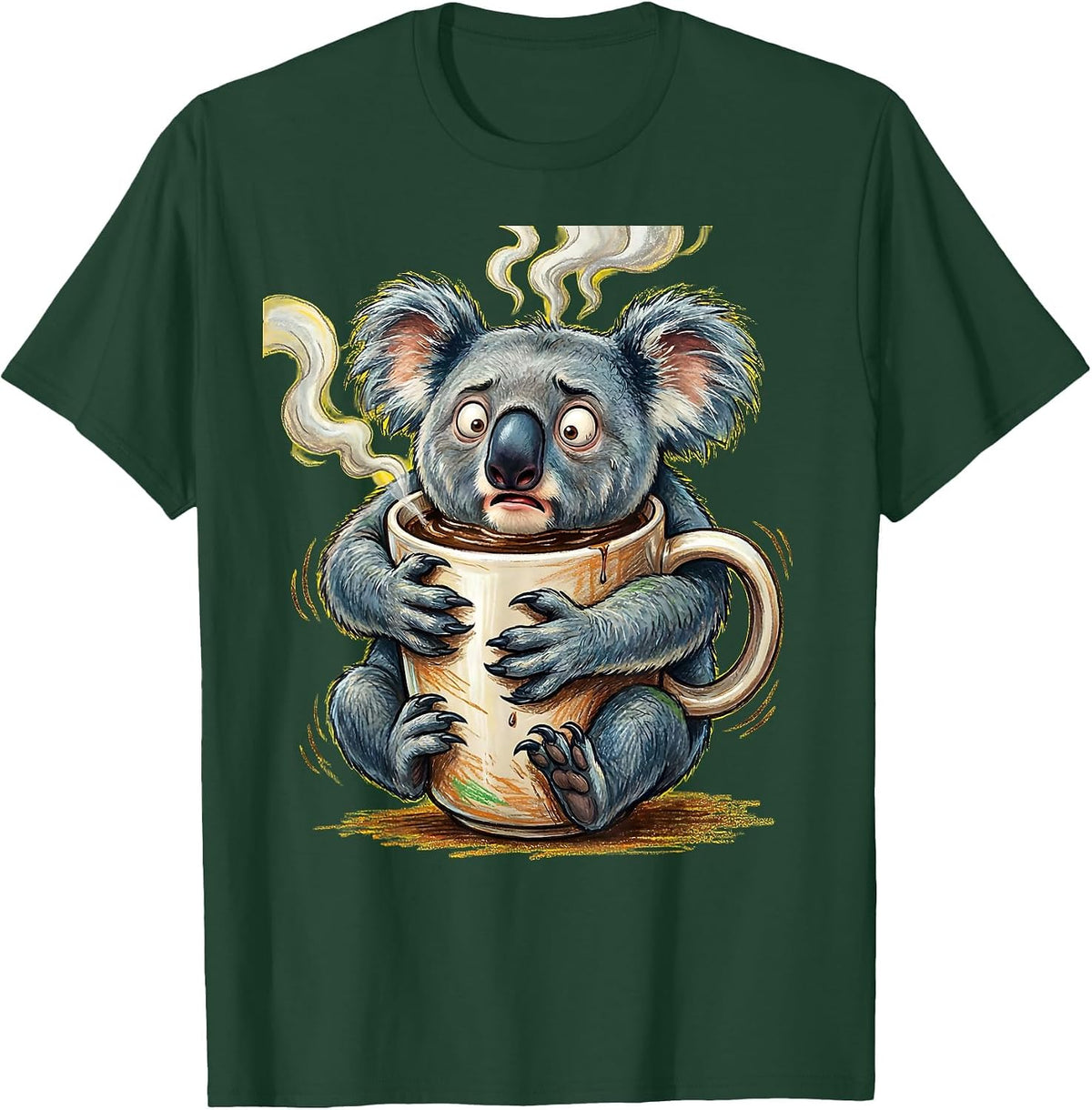 Men's Koala Clinging to Coffee Mug Funny Illustration T-Shirt - Dark Green