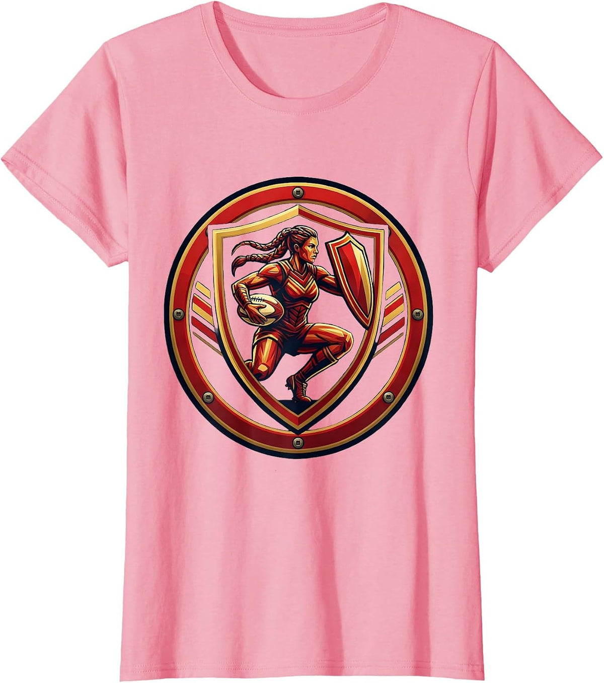 Women's Woman Warrior Rugby Ball and Shield Illustration T-Shirt - Pink