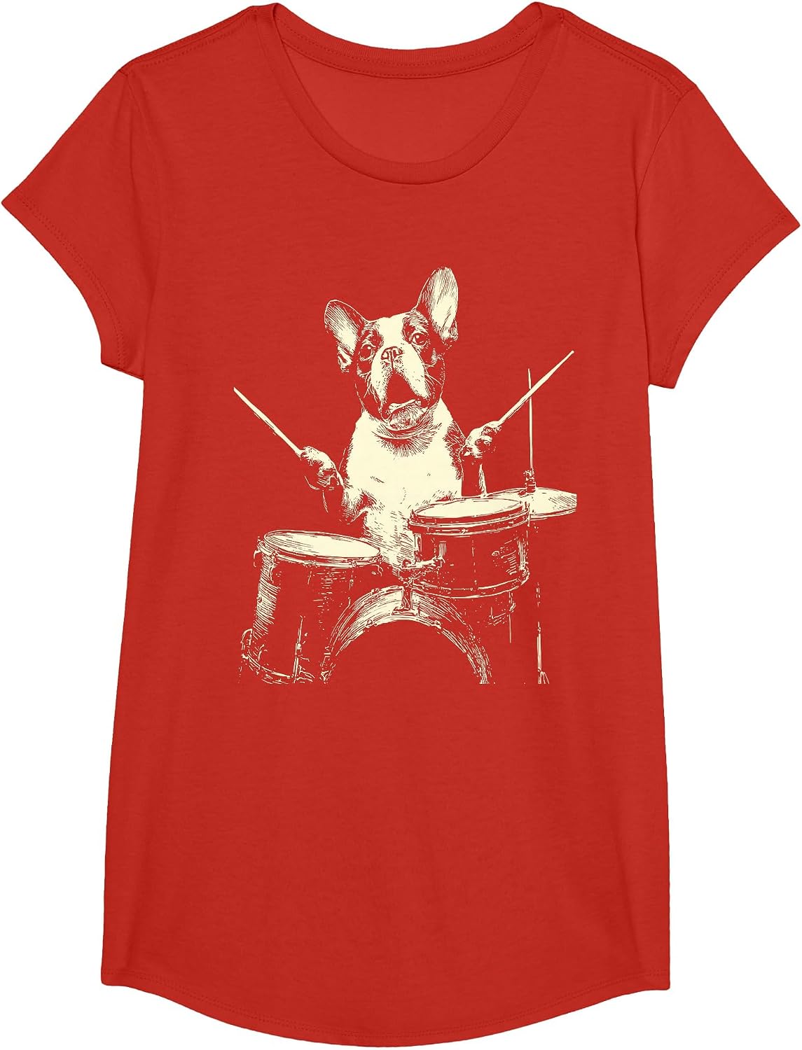 Cute Boston Terrier Playing Drums Funny Music Dog Drummer T-Shirt - Girls Red