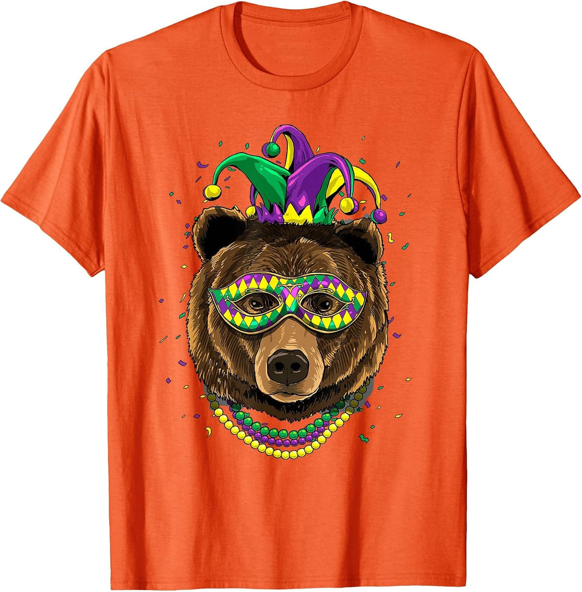 Bear Animal Lover Cute Mardi Gras Carnival Jester T-Shirt, Men, Orange, Medium - As Pictured