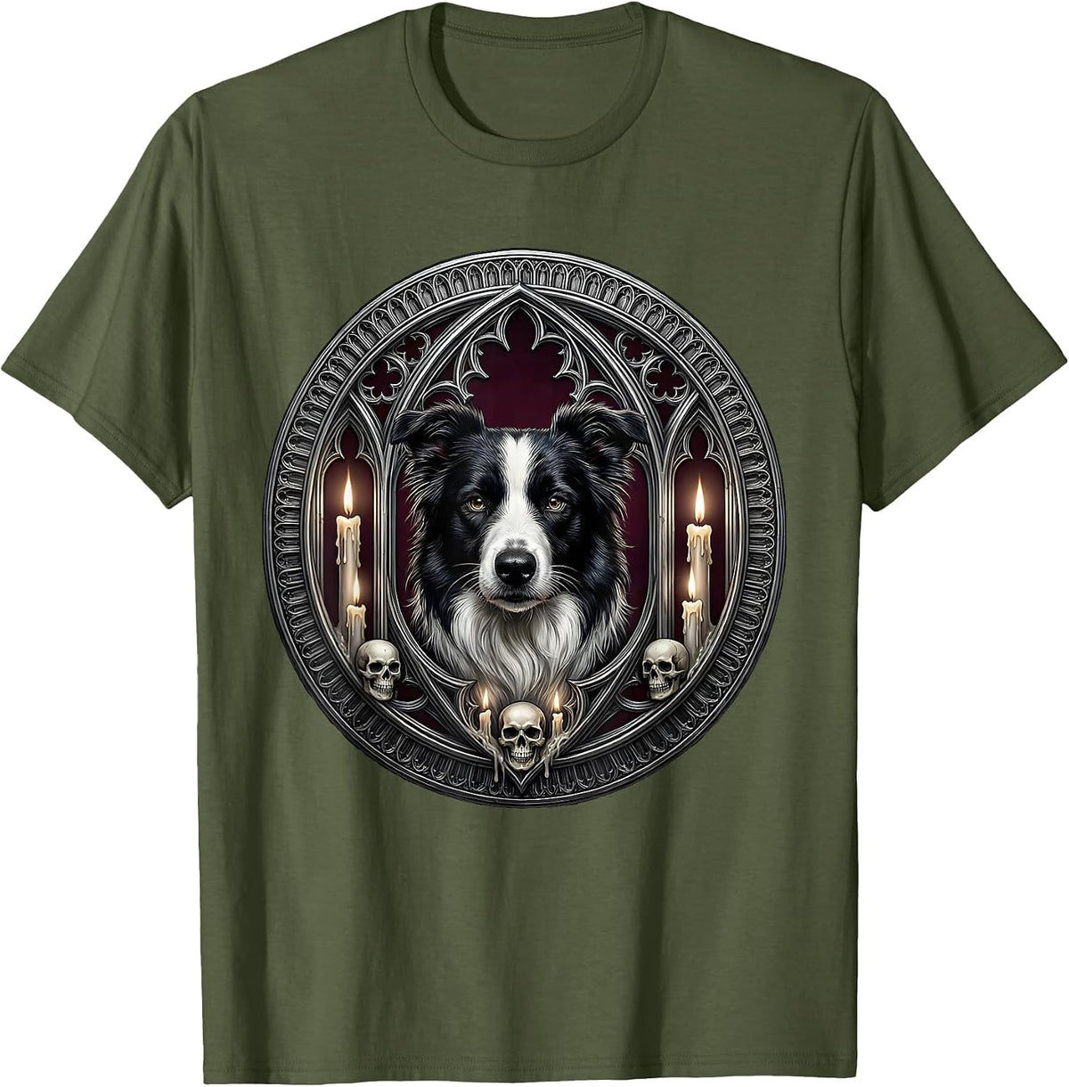 Border Collie Halloween Candles and Skulls Design T-Shirt - Olive Green