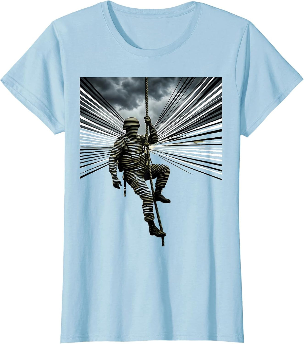 Women's Camo Soldier Climbing Rope Stormy Sky Graphic T-Shirt - Baby Blue