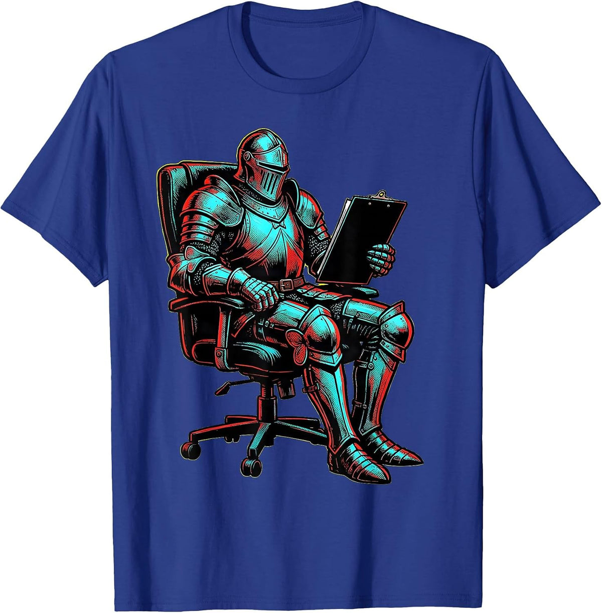 Bold Knight in Office Chair Clipboard Graphic T-Shirt - Royal Blue