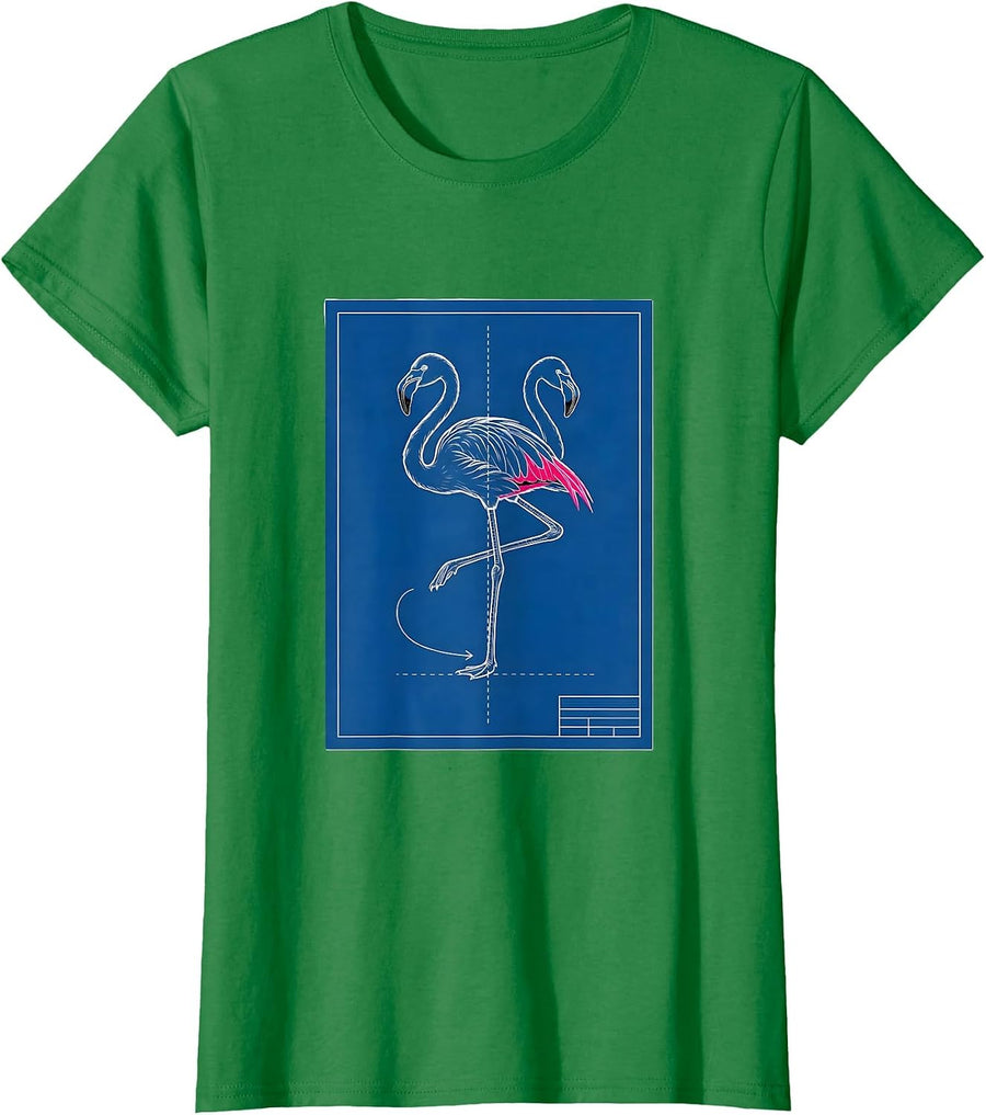 Women's Flamingo Drafting Sheet Technical Blueprint Bird Humor T-Shirt - Kelly Green