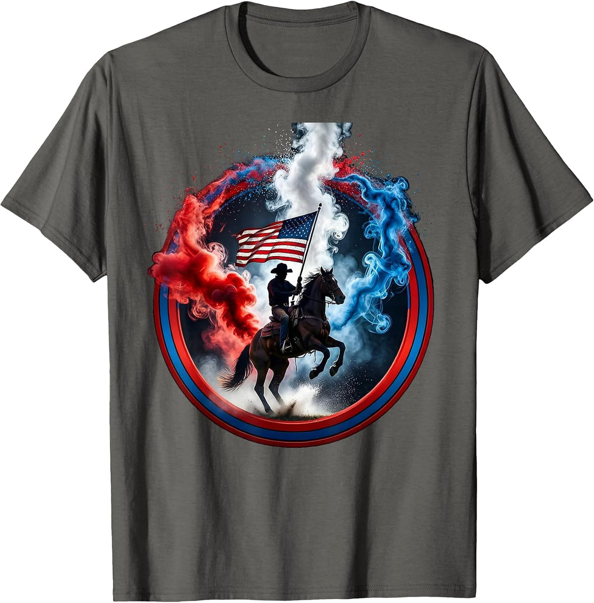 Patriotic Cowboy on Horseback Waving Flag T-Shirt - Asphalt Grey