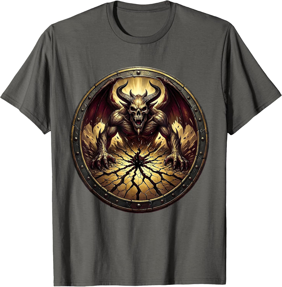 Demon Rising From Cracked Earth Heavy Metal Art T-Shirt - Asphalt Grey