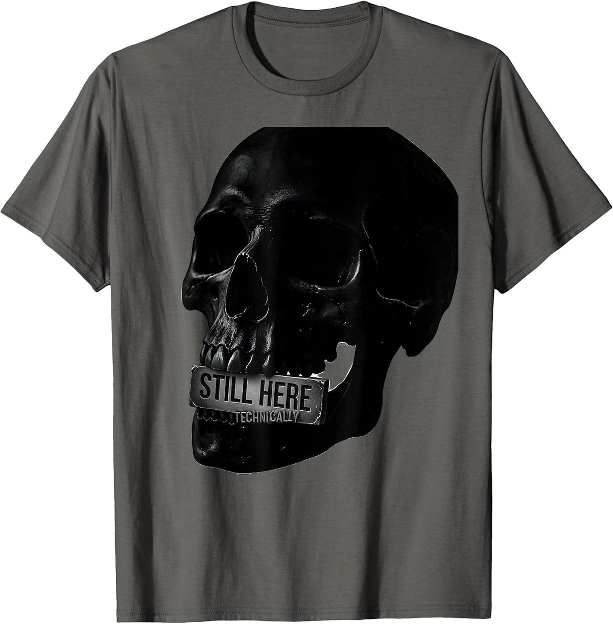 Still Here, Technically Edgy Punk Skull Streetwear Graphic T-Shirt - Asphalt Grey