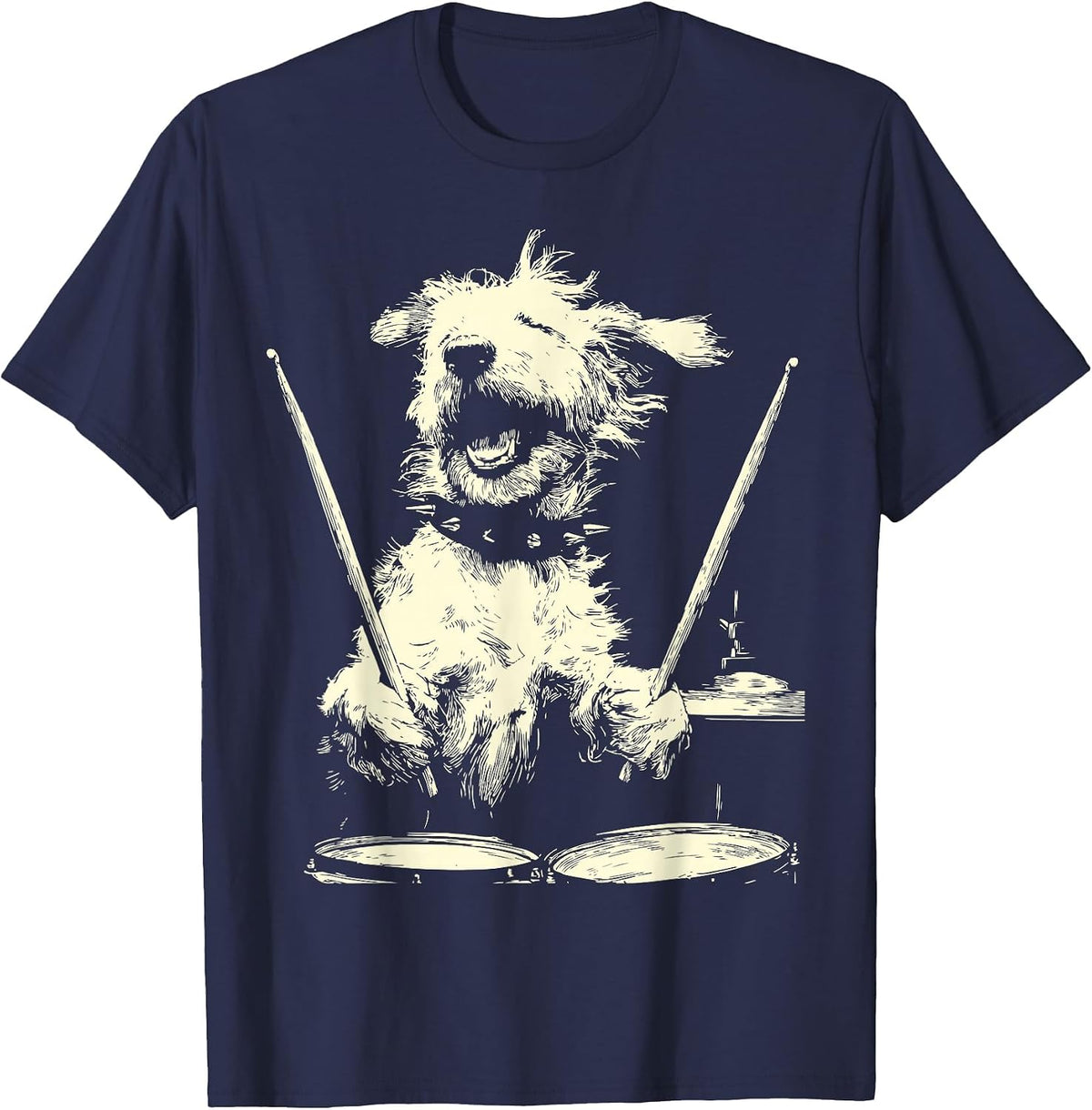 Goldendoodle Playing Drums Funny Musician Dog Drummer Punk T-Shirt - Navy Blue
