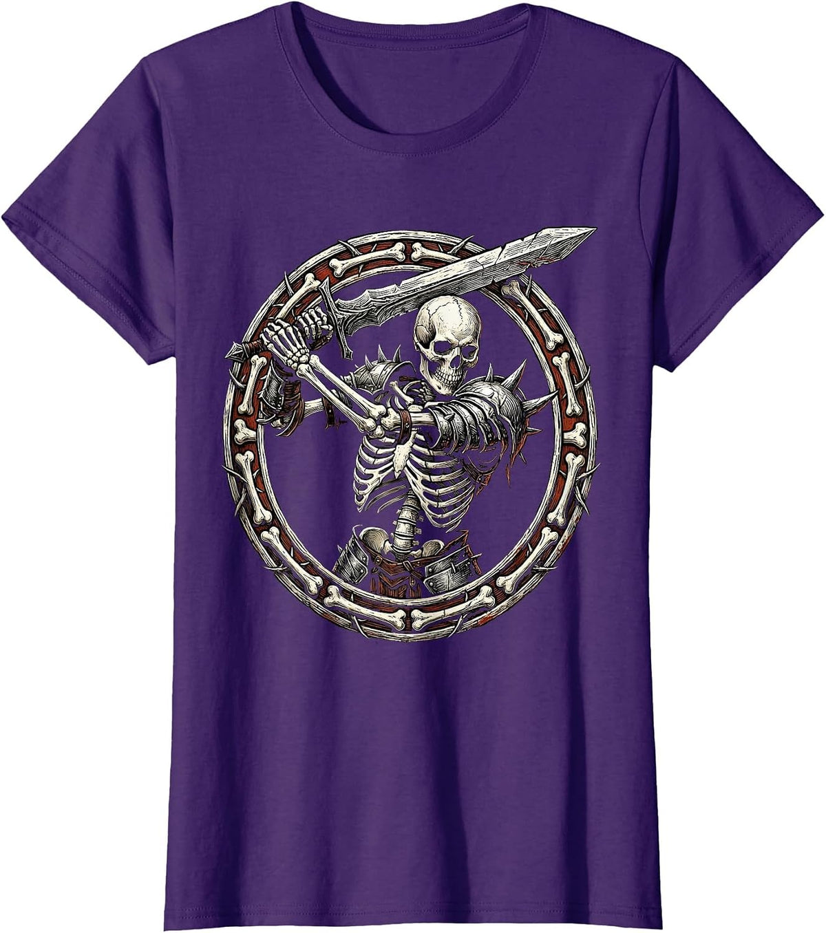 Women's Warrior Skeleton Broadsword Metal Graphic T-Shirt - Purple