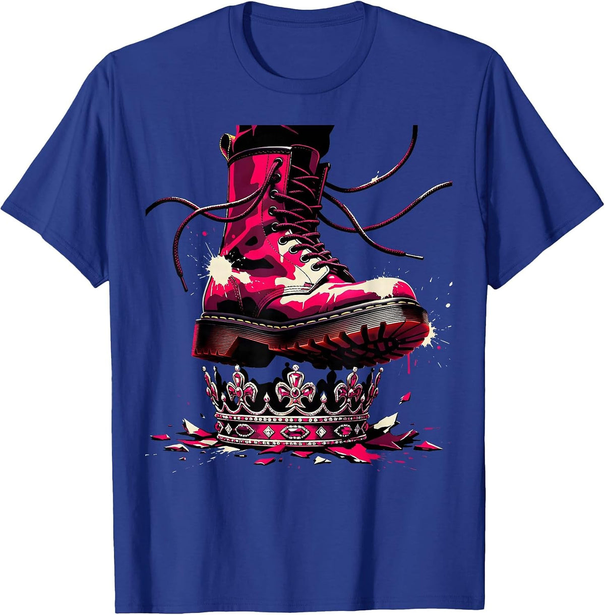 Punk Woman Stomping Crown Paint Splattered Boots T-Shirt - Royal Blue