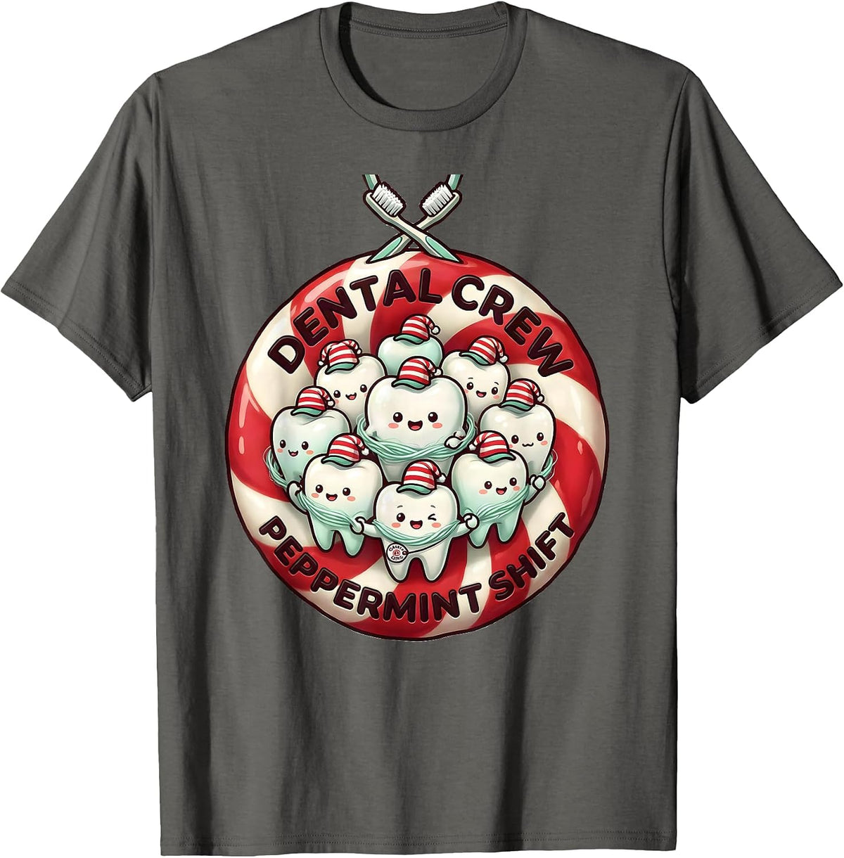 Dental Crew Peppermint Shift Cute Kawaii Dental Team Holiday T-Shirt - Asphalt Grey