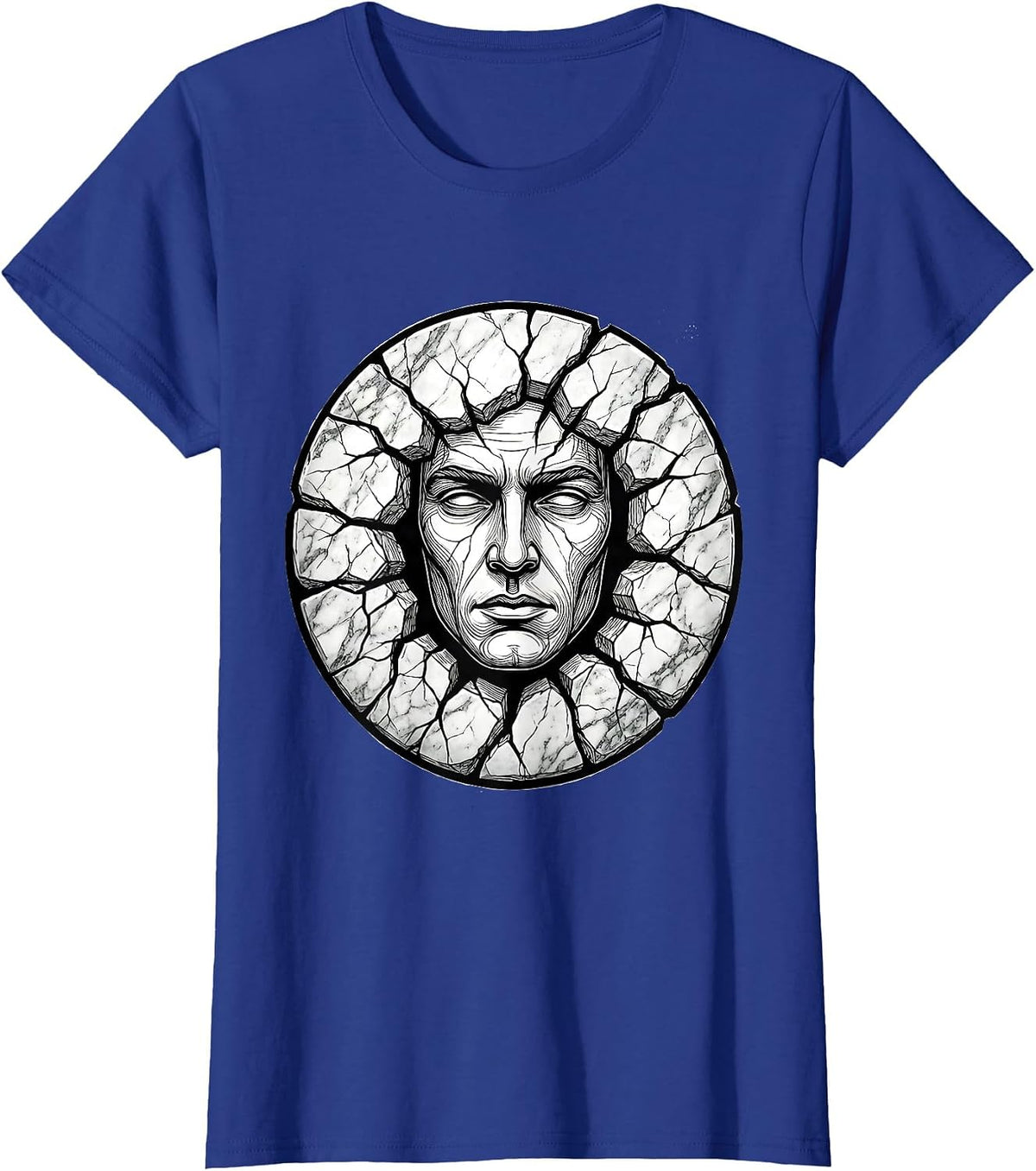 Women's Human Face Emerging From Cracked Marble Slab T-Shirt - Royal Blue