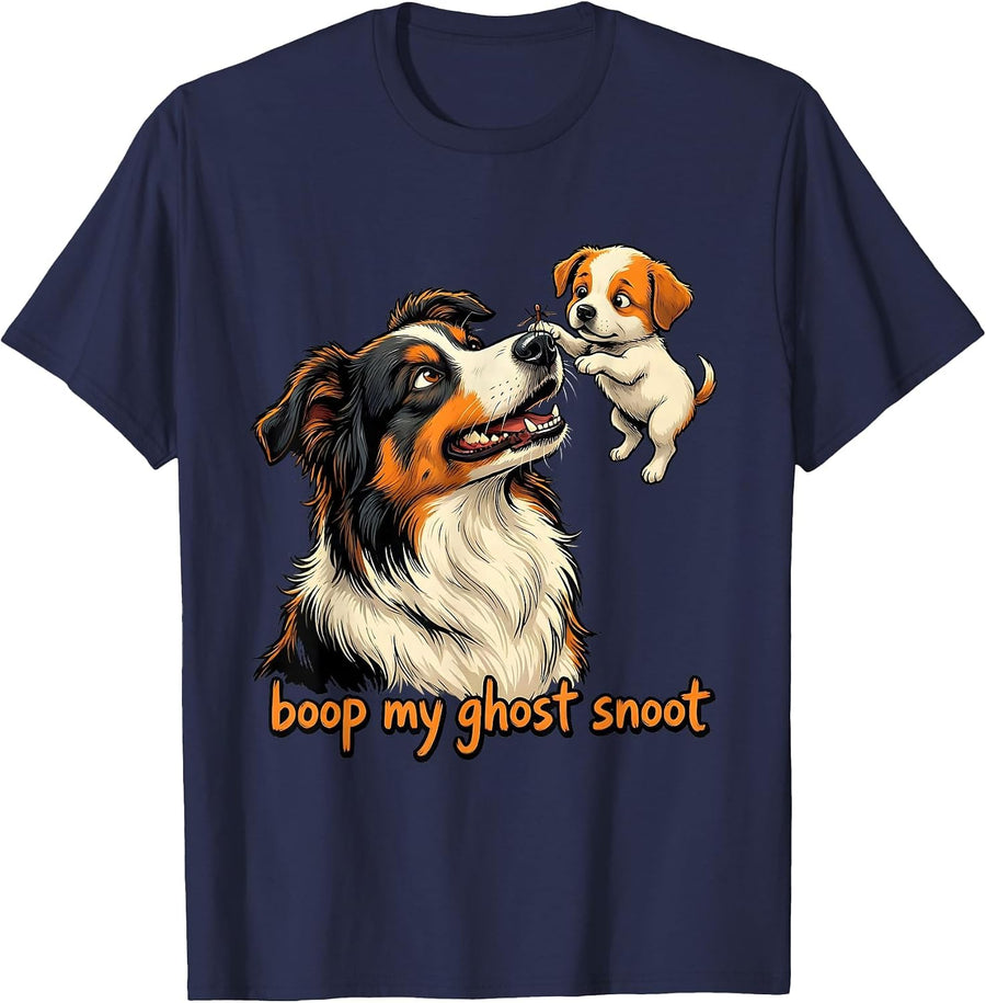Boop My Ghost Snoot Funny Cartoon Border Collie Halloween T-Shirt - Navy Blue