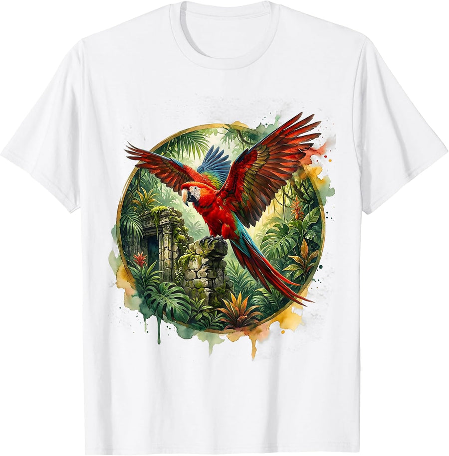 Macaw on Mossy Ruins Hispanic Heritage Month T-Shirt - White