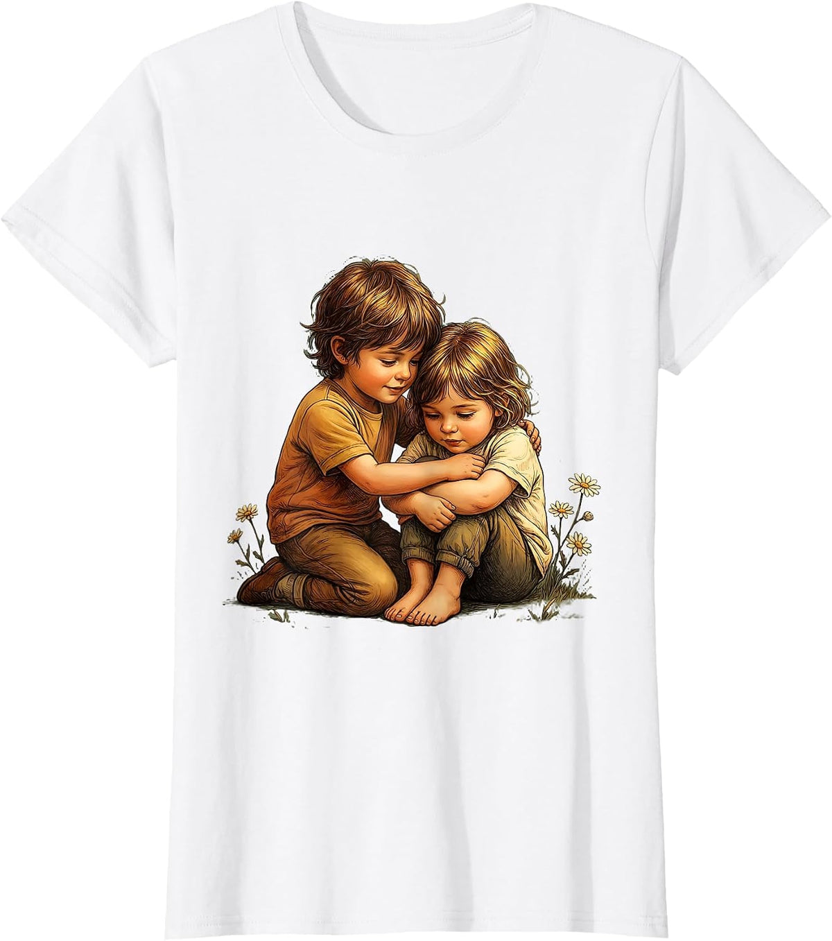 Women's Kindness in Action Child Comforting Friend Design T-Shirt - White
