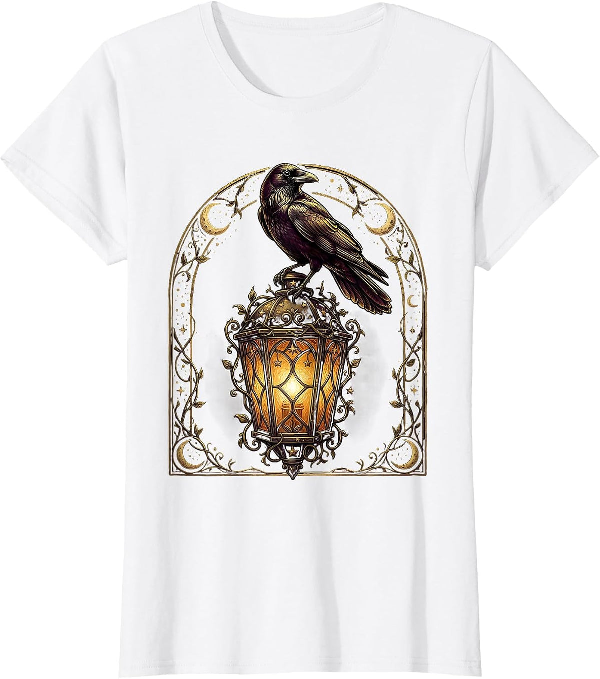 Women's Crow Perched on Old Lantern Illustration T-Shirt - White