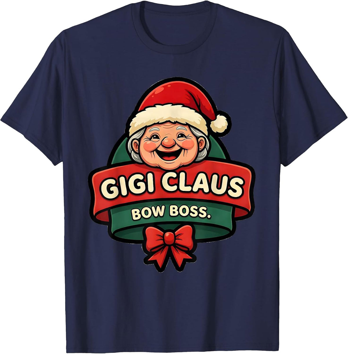 Gigi Claus Bow Boss Cartoon Grandma Santa Hat Family T-Shirt - Navy Blue