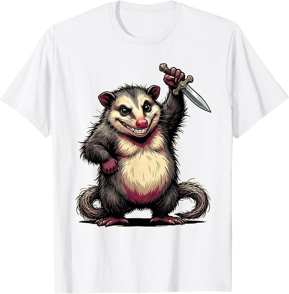 Men's Opossum Holding a Tiny Dagger Illustration T-Shirt - White