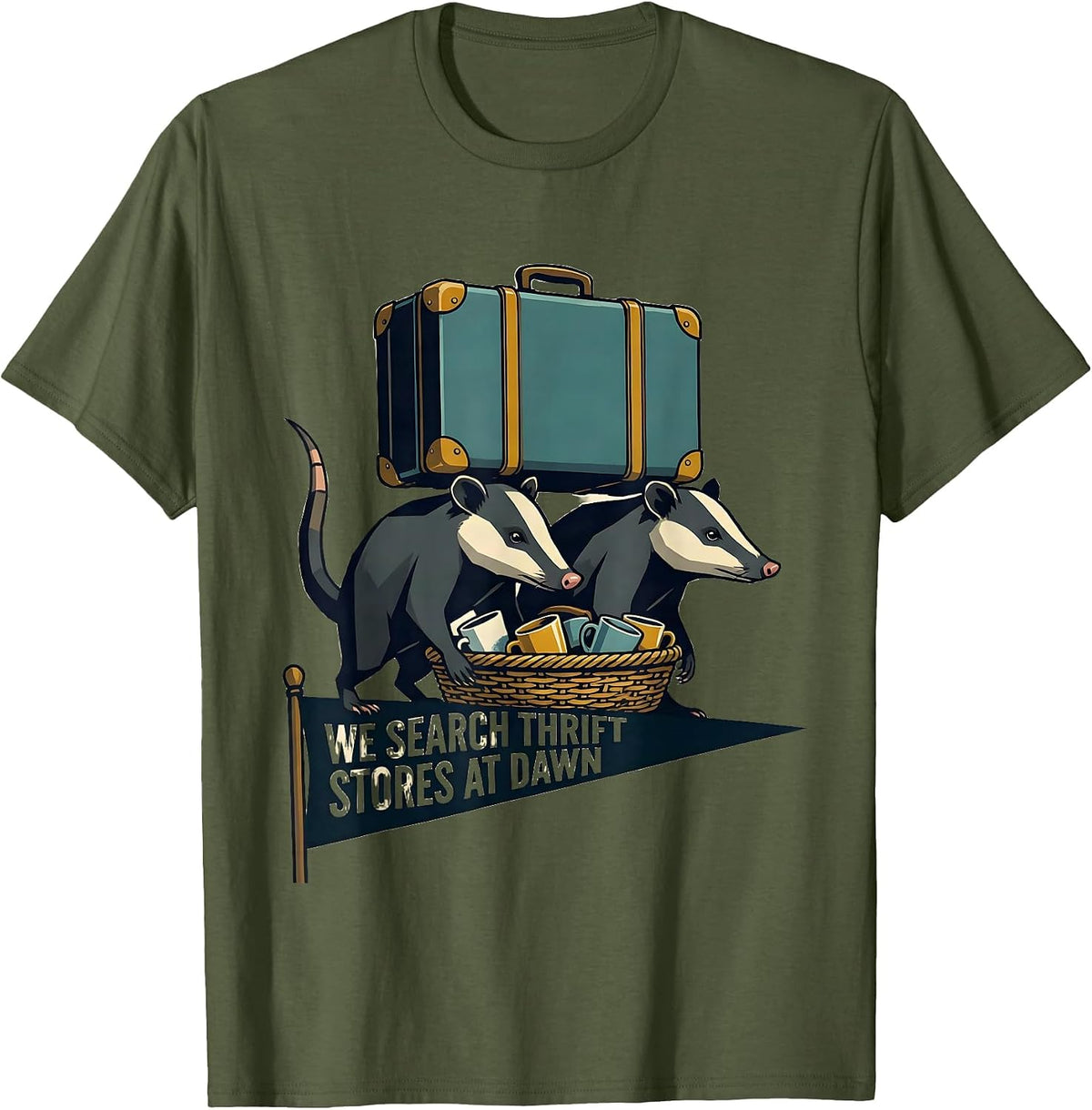 We Search Thrift Stores At Dawn Midcentury Modern Opossum T-Shirt - Olive Green
