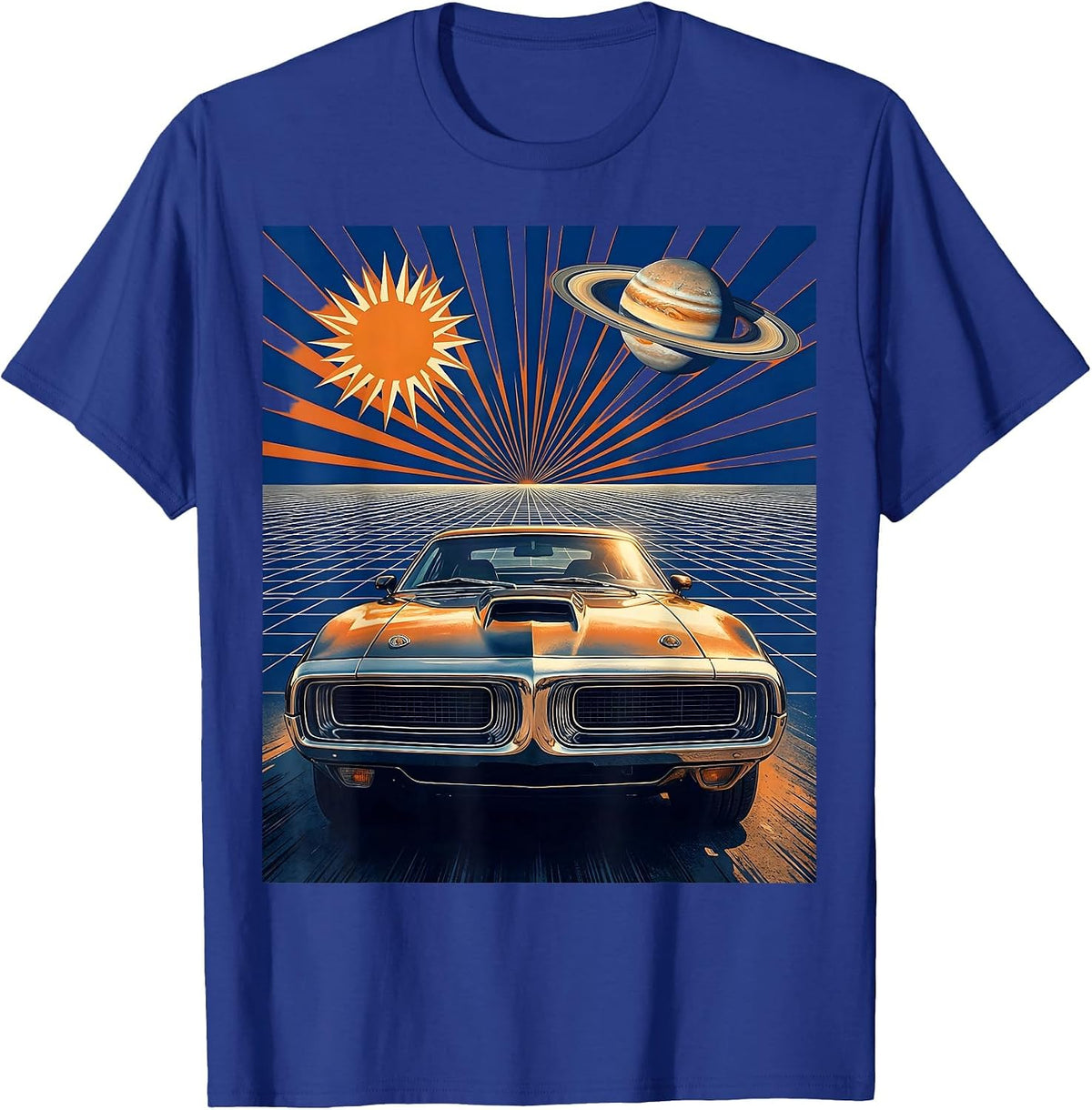 Men's 80s Neon Grid Muscle Car Retro Graphic T-Shirt - Royal Blue