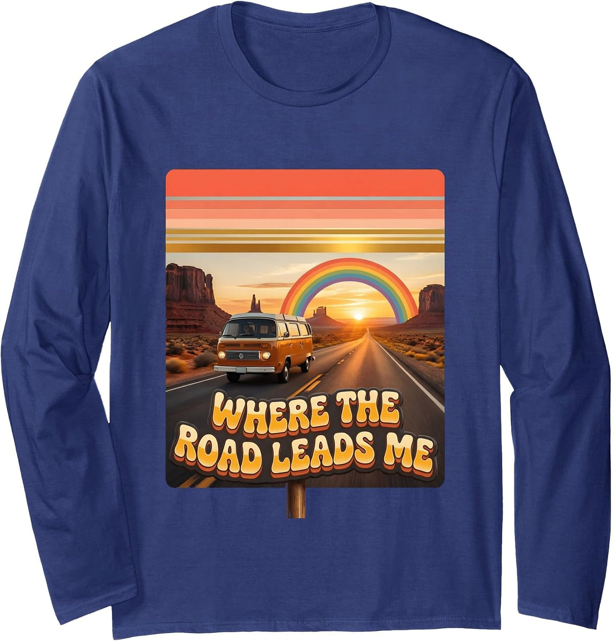 Route 66 Where The Road Leads Me Design Long Sleeve T-Shirt - Adult Unisex Navy Blue