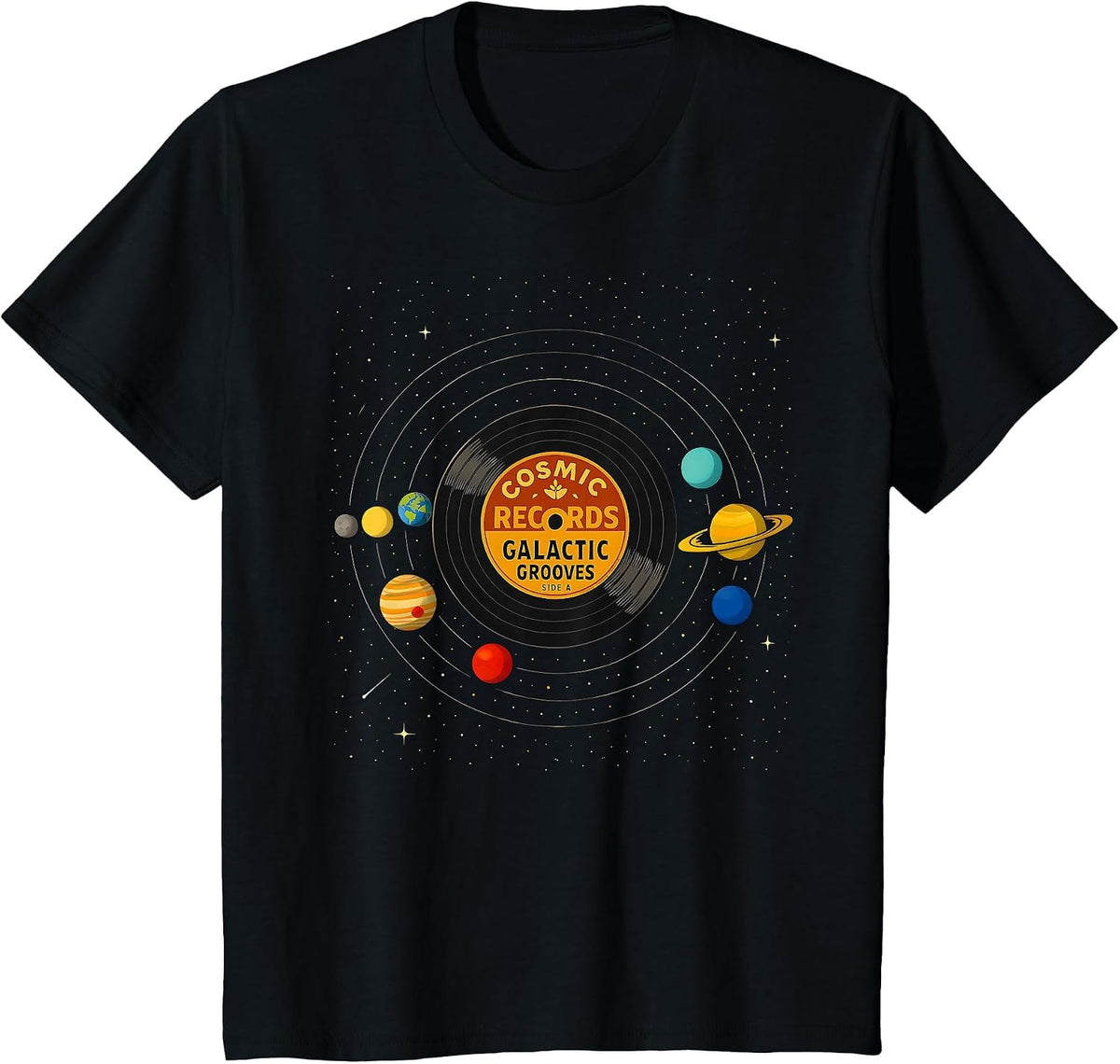 Vinyl Record Solar System Planets Astronomy Space Cosmic T-Shirt - Black