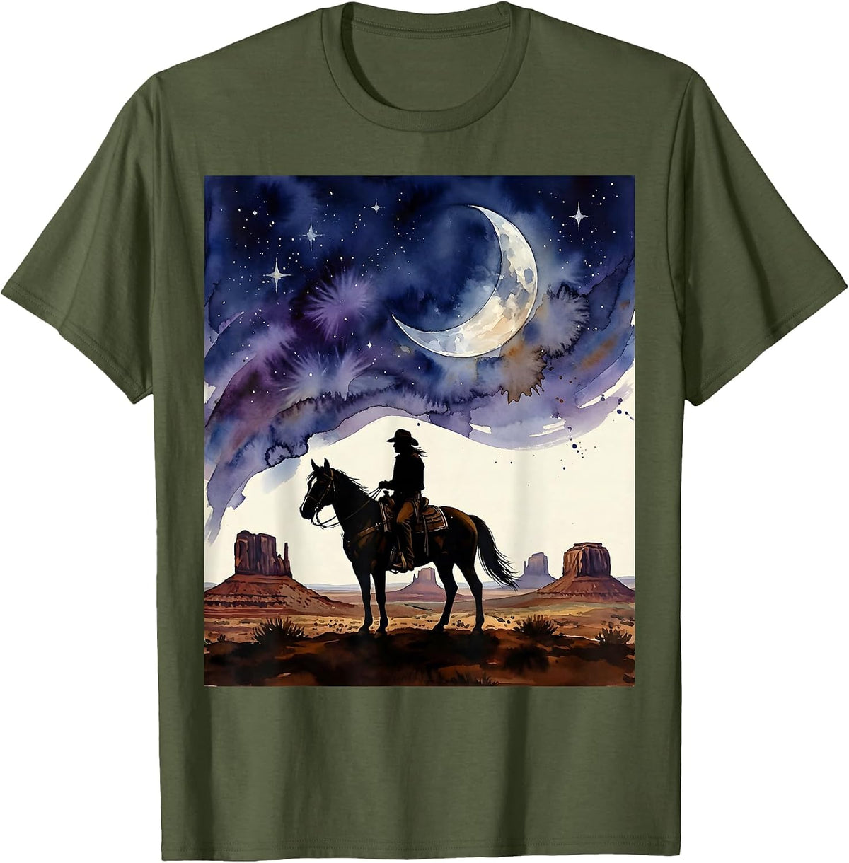 Lone Cowboy Riding Under a Star-Filled Sky T-Shirt - Olive Green