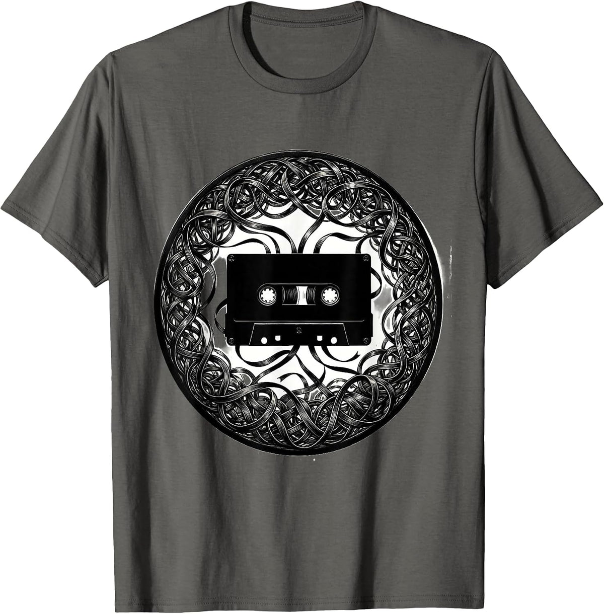 Punk Cassette Tape Unraveling Wild Chaos Art T-Shirt - Asphalt Grey