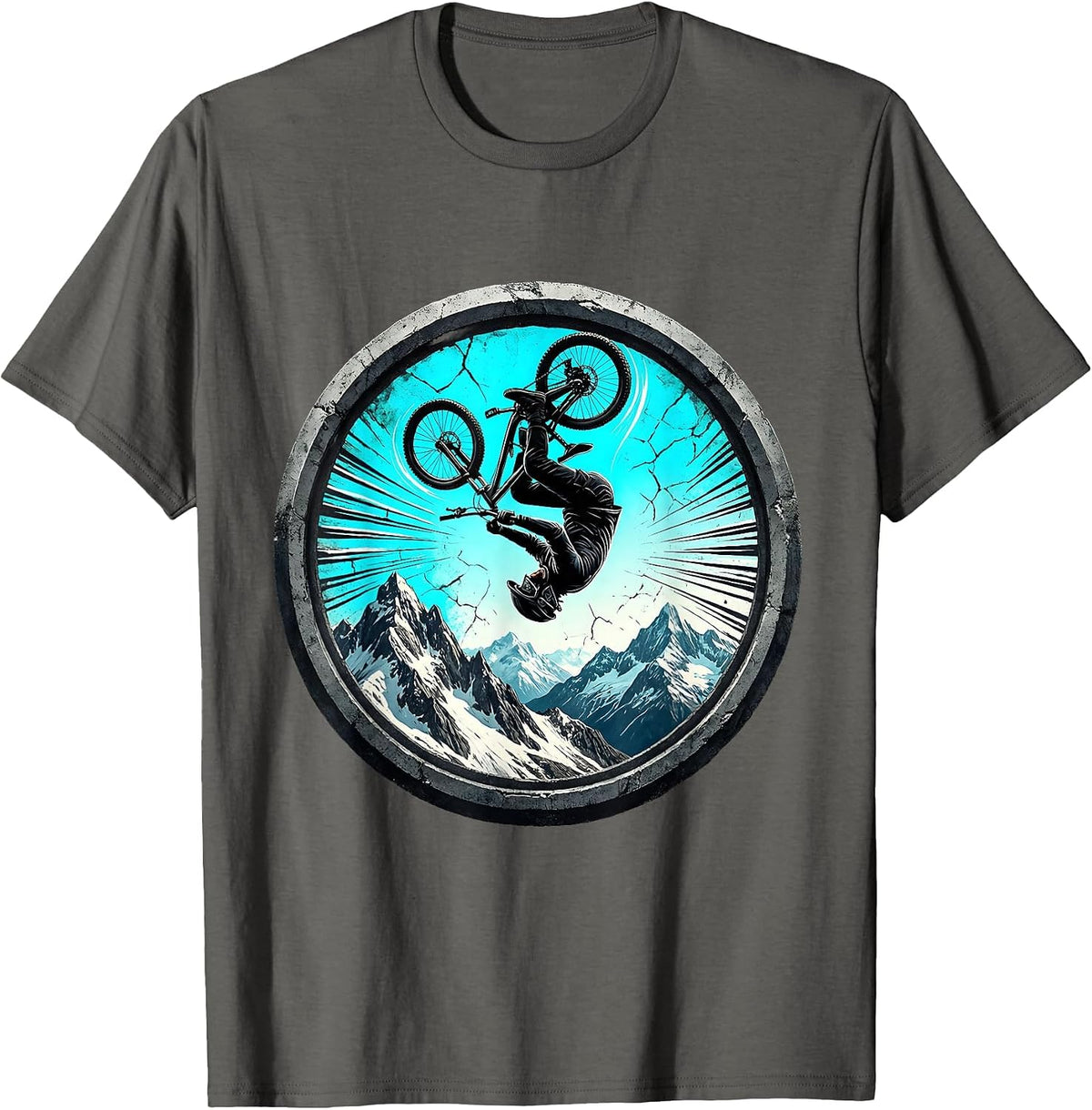 Mountain Bike Backflip Snowy Peaks Graphic T-Shirt - Asphalt Grey