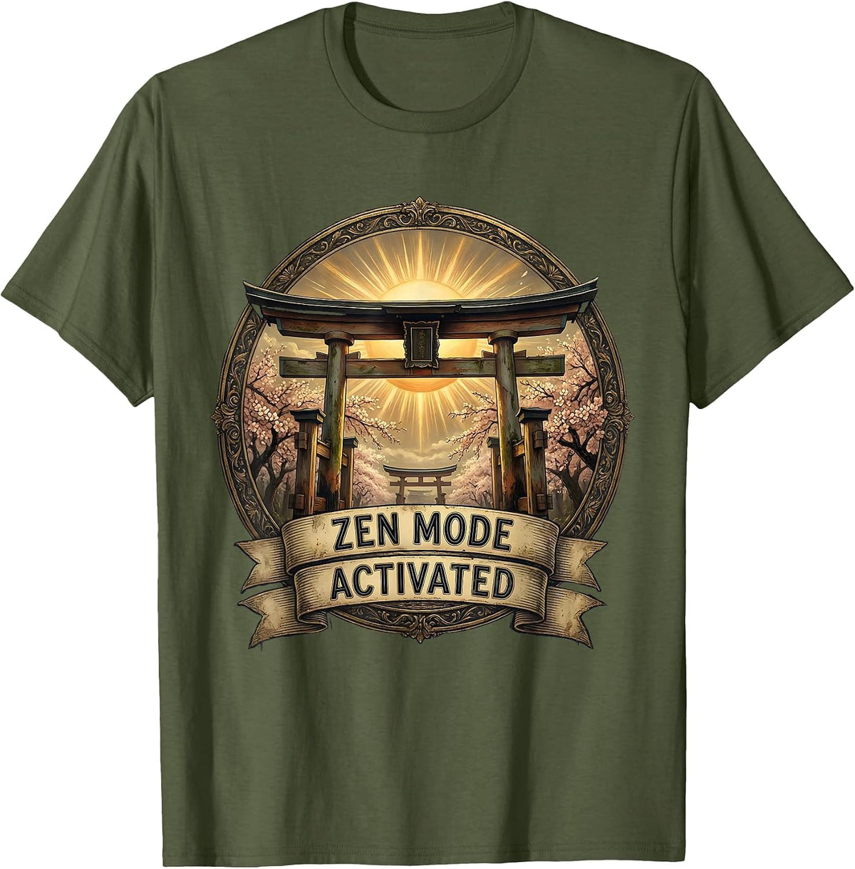 Zen Mode Activated Japanese Inspired Design T-Shirt - Olive Green
