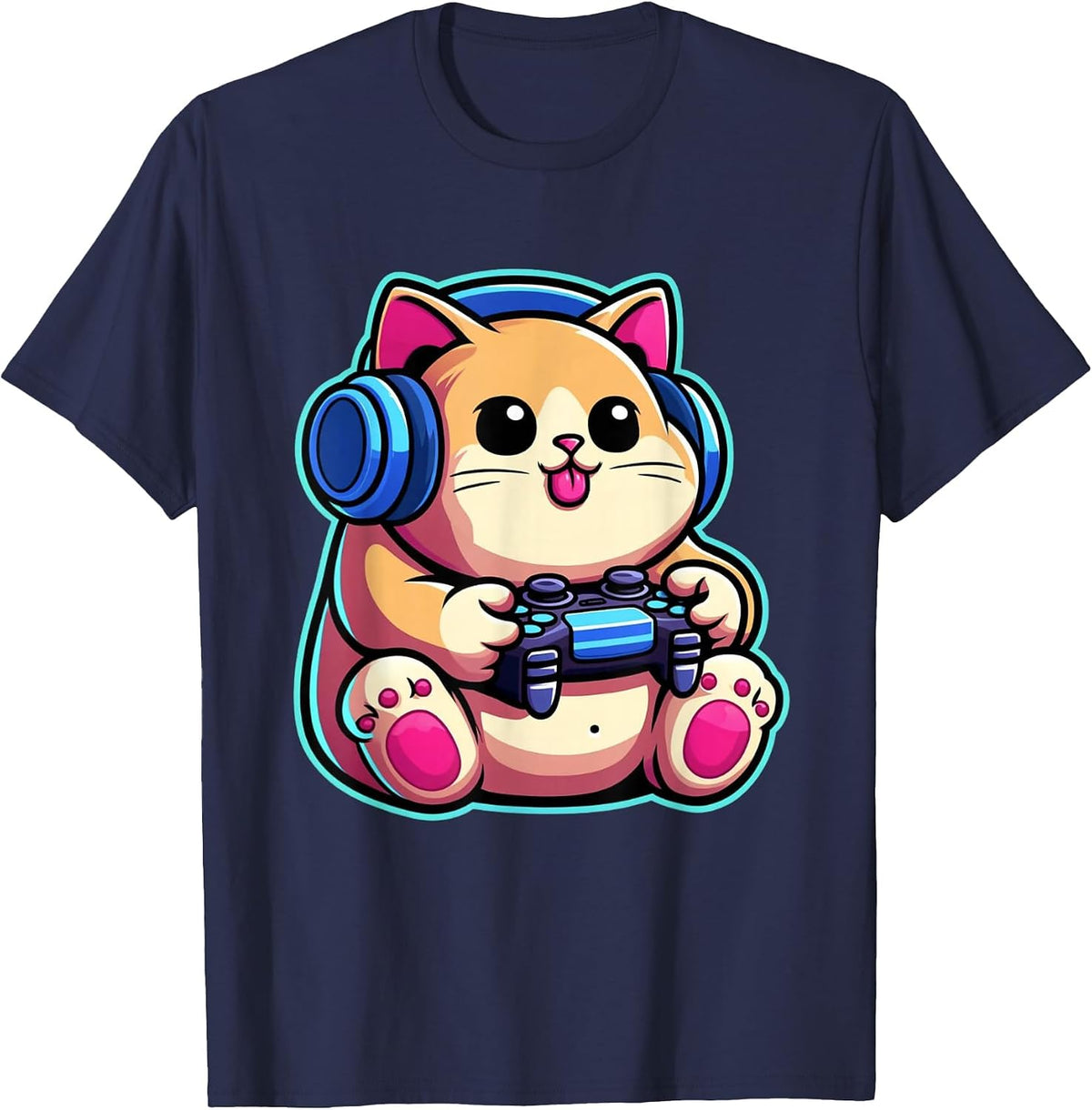 Funny Cat Gamer Gaming Cat Video Game T-Shirt - Navy Blue