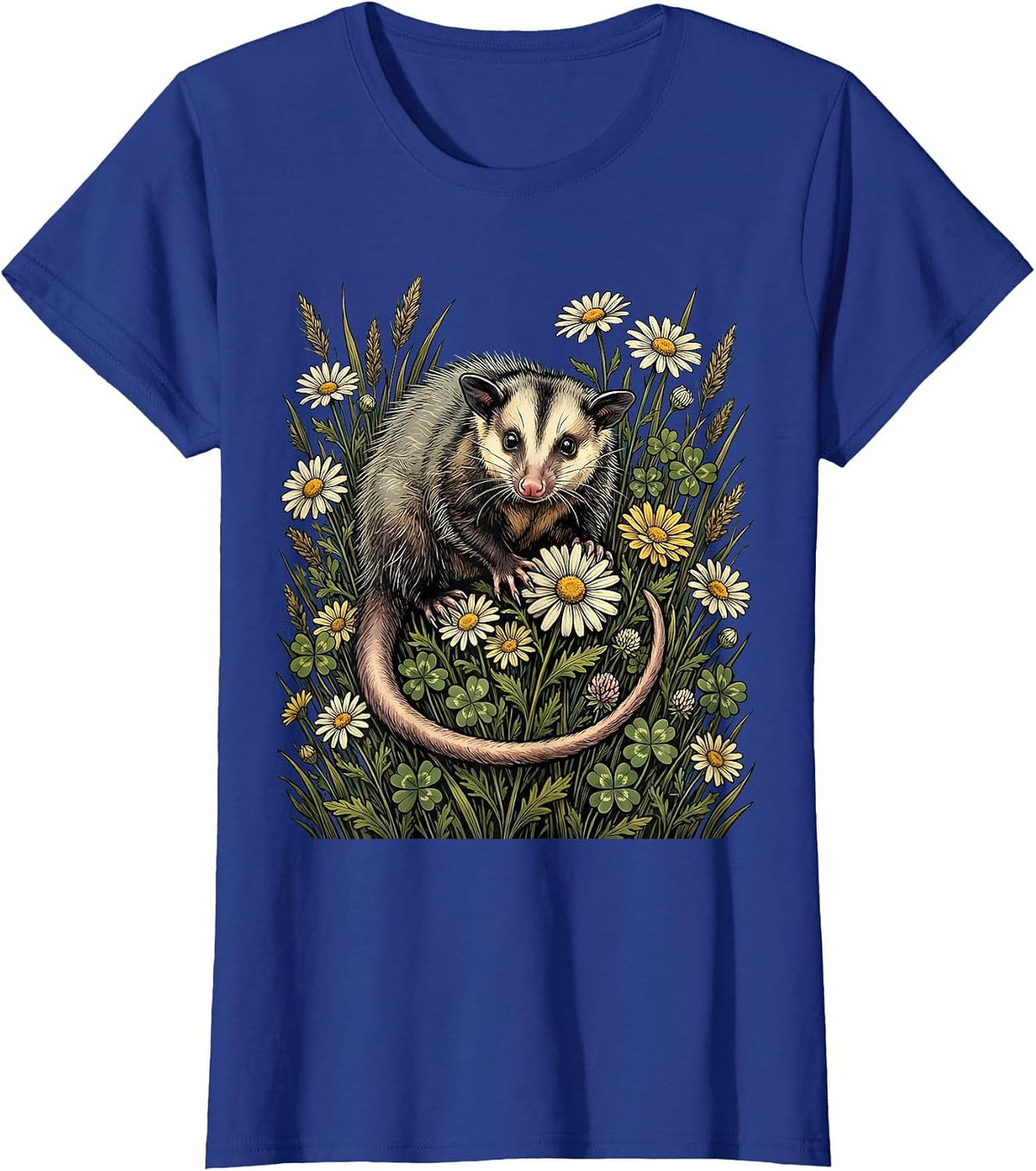 Women's Opossum in Wildflower Field Illustration T-Shirt - Royal Blue