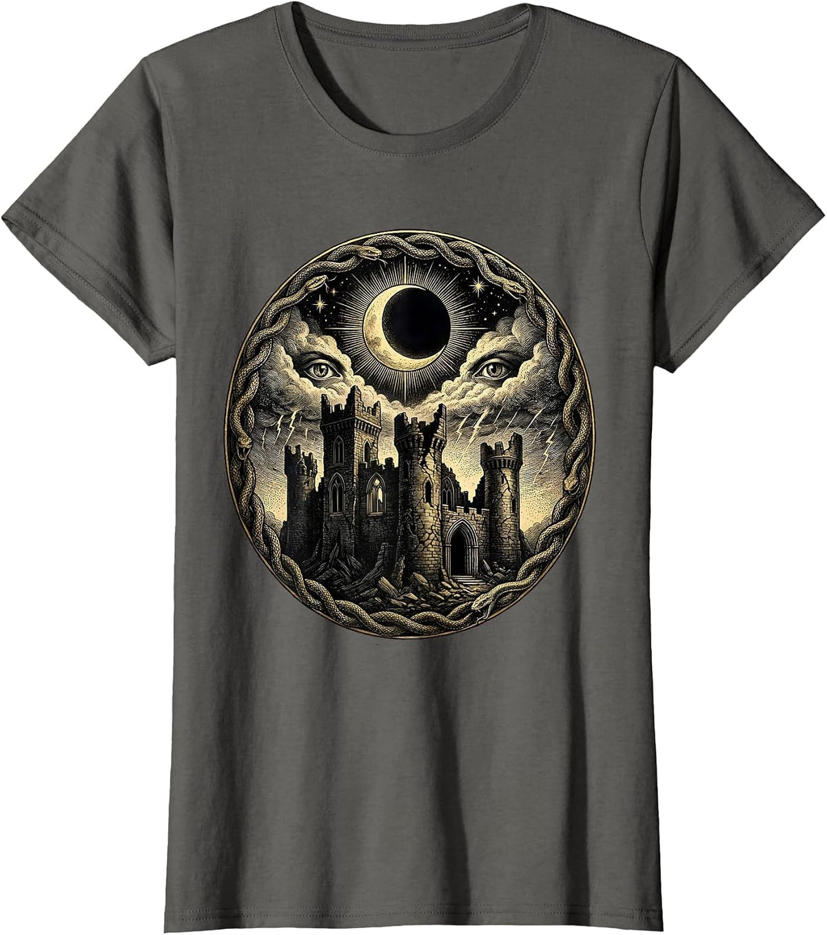 Women's Crumbling Castle Blood Red Storm Heavy Metal Art T-Shirt - Asphalt Grey