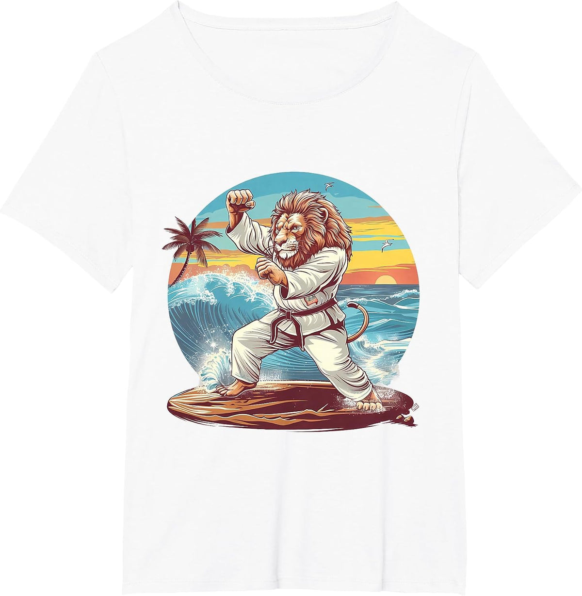 Kickboxing Lion Beach Sunset Jiu-Jitsu Taekwondo Lion Lover T-Shirt - White