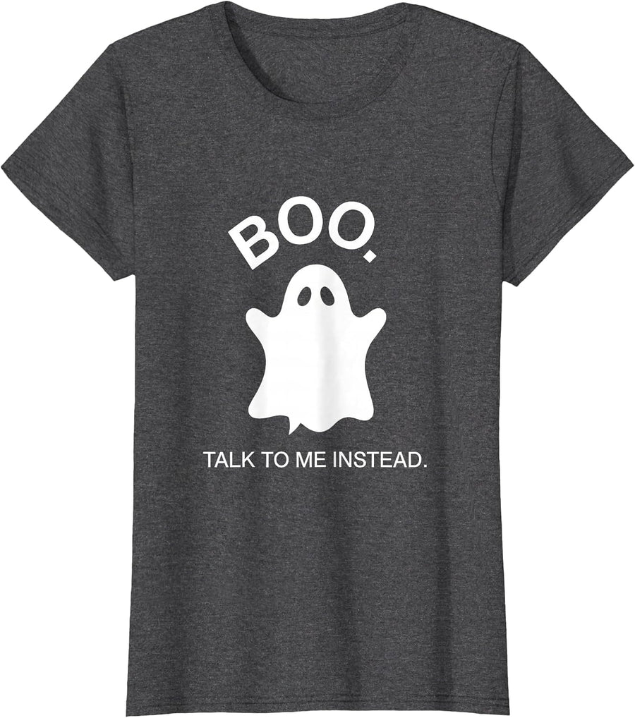 Women's Boo Talk To Me Instead Minimalist Ghost Mental Health T-Shirt - Dark Heather Grey