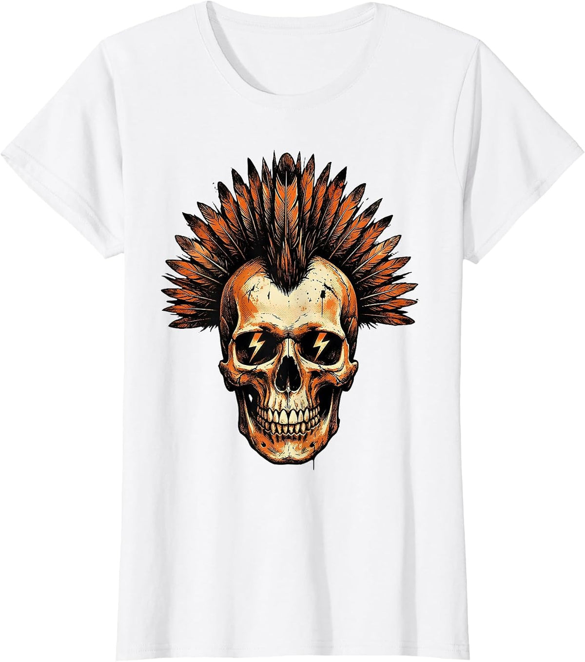 Skull Mohawk Lightning Bolt Eyes Rock Band Graphic T-Shirt - White