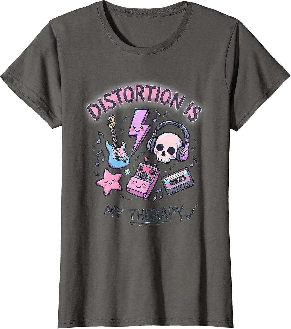 Women's Distortion Is My Therapy Metal Band Design T-Shirt - Asphalt Grey