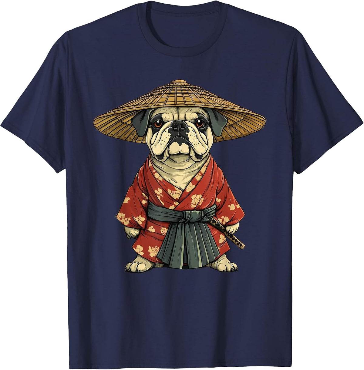 English Bulldog Dog Samurai Art T-Shirt - Navy Blue