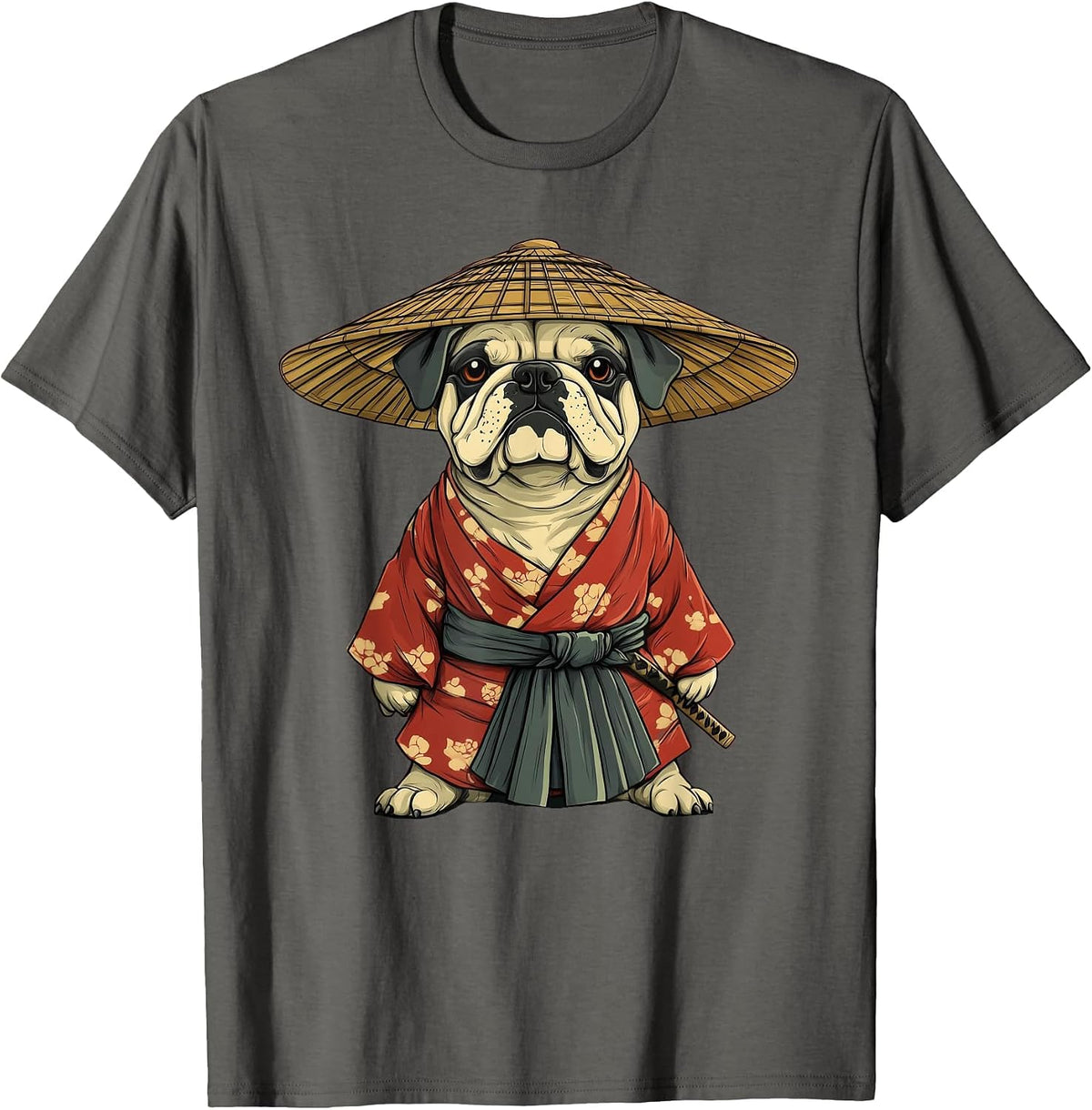English Bulldog Dog Samurai Art T-Shirt - Asphalt Grey