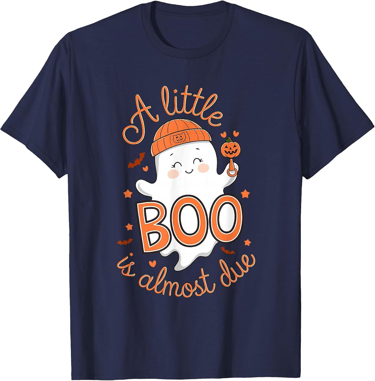 Little Boo is Almost Due Cute Halloween Pregnancy Reveal T-Shirt - Navy Blue