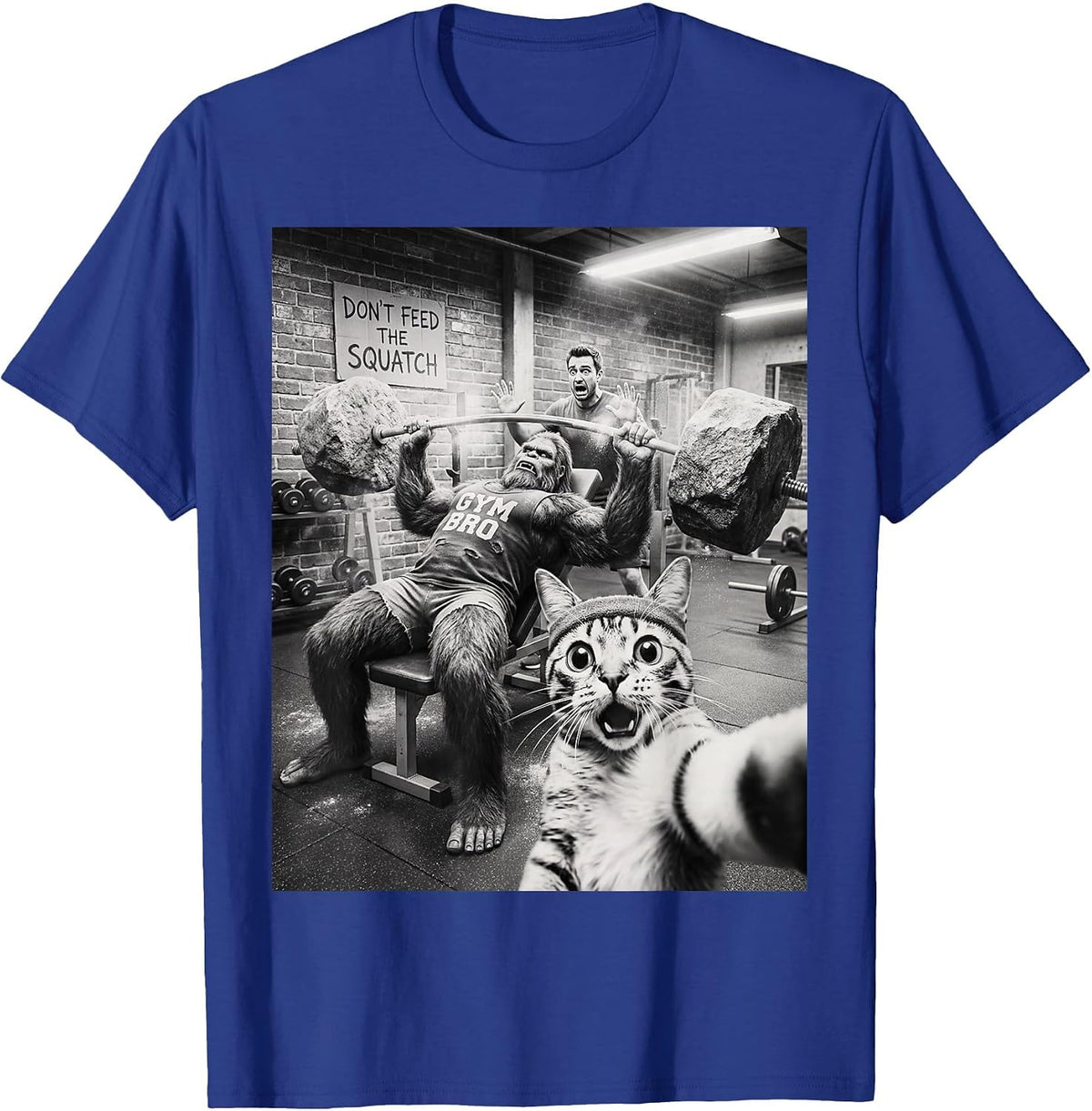 Cat Selfie Funny Bigfoot Gym Bro Weightlifting Workout T-Shirt - Royal Blue