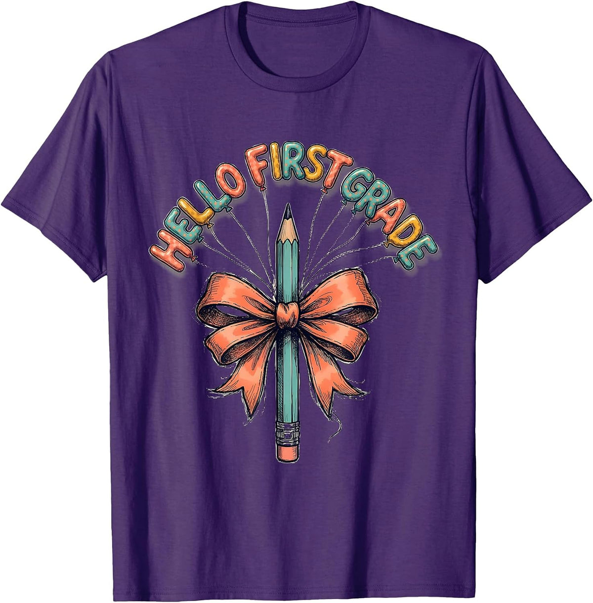Hello First Grade Cute Back to School Pencil Bow Gift T-Shirt - Purple